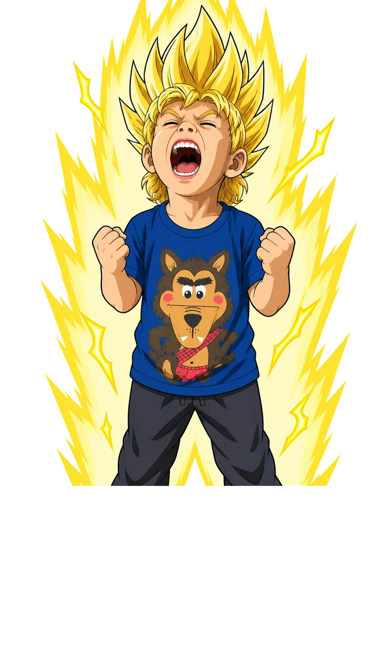 Benjamim transformado em Super Saiyajin, gritando com o cabelo dourado e aura em chamas